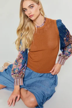 Paisley Contrast Sleeve Knit Top