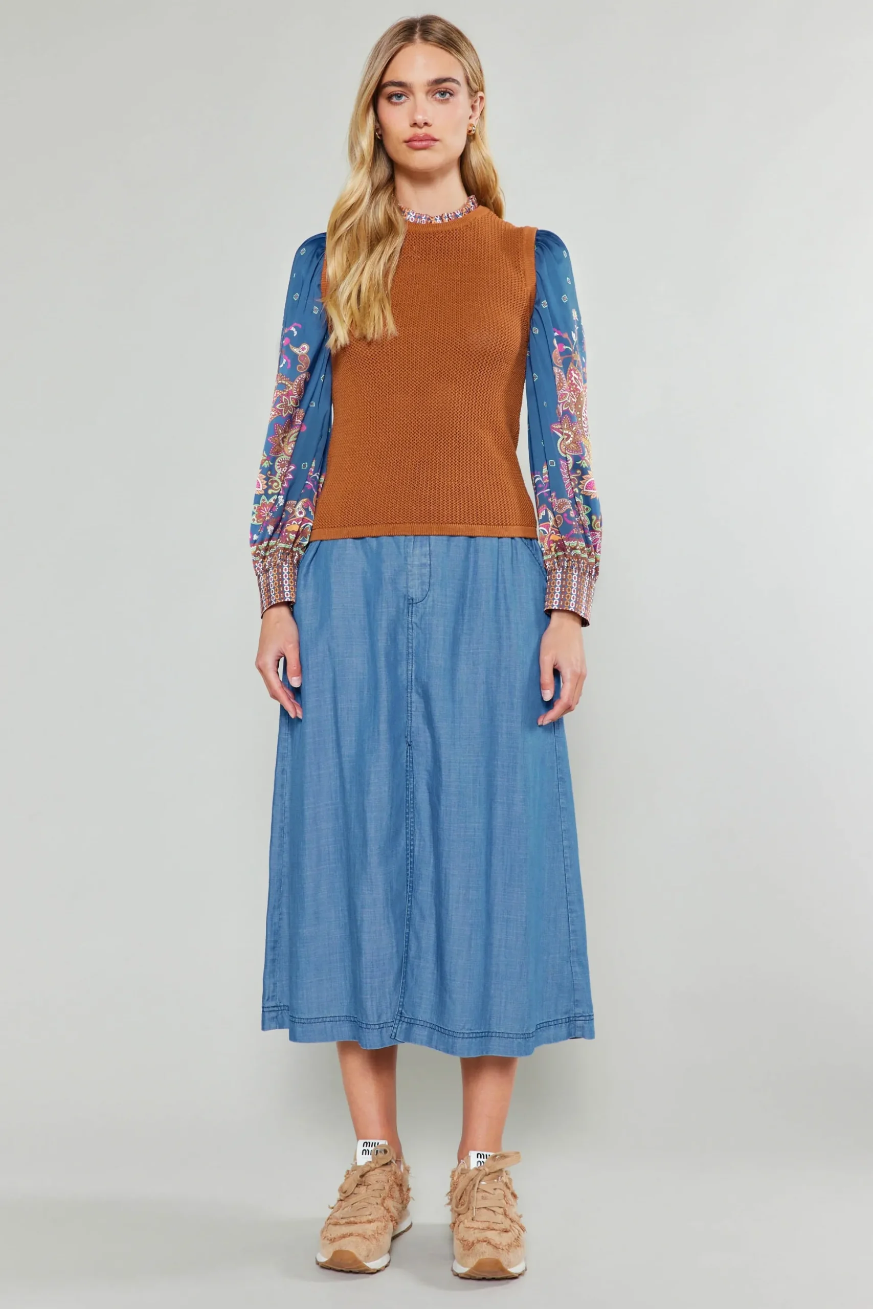 Paisley Contrast Sleeve Knit Top