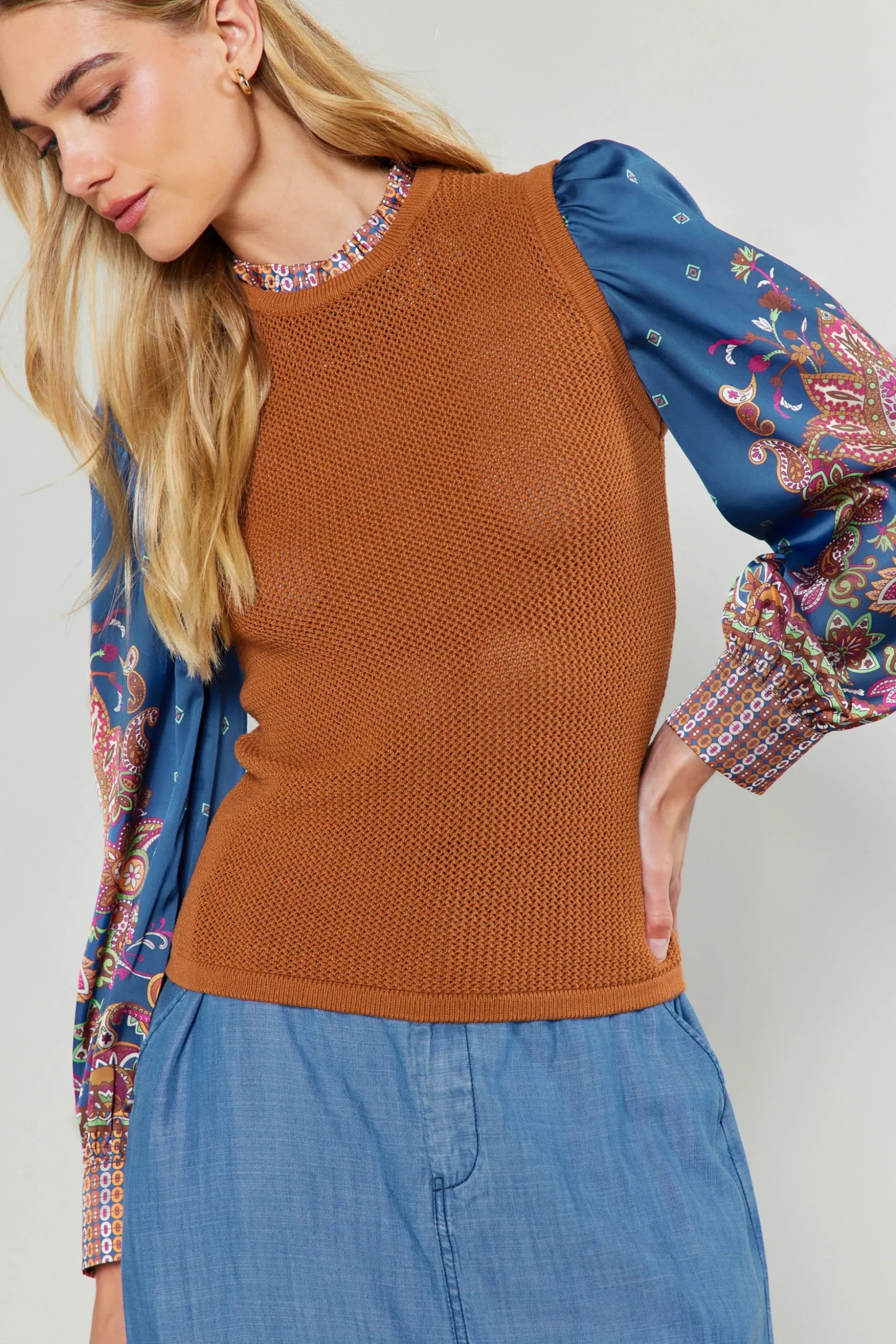 Paisley Contrast Sleeve Knit Top