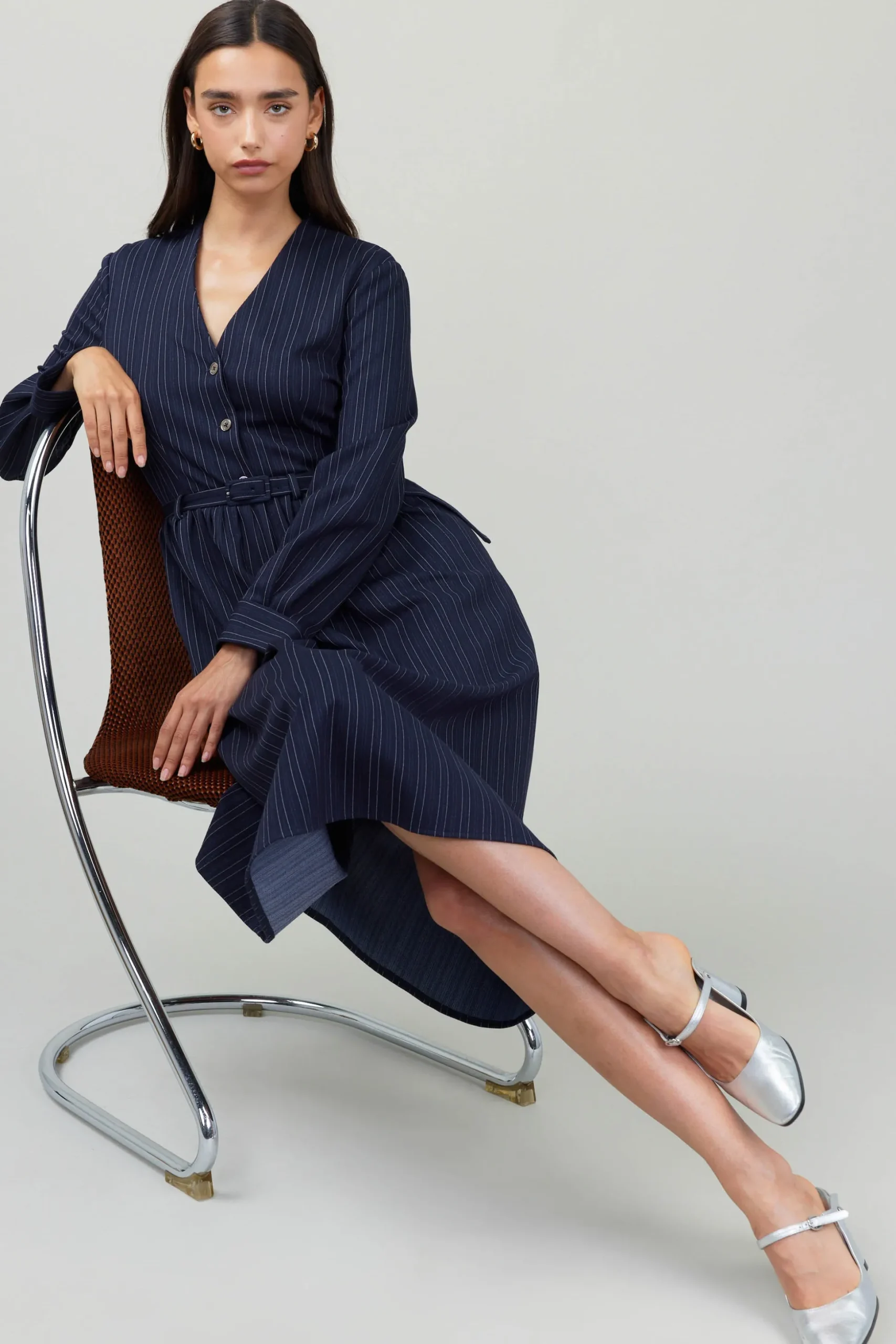 Pinstriped Buttondown Midi Dress