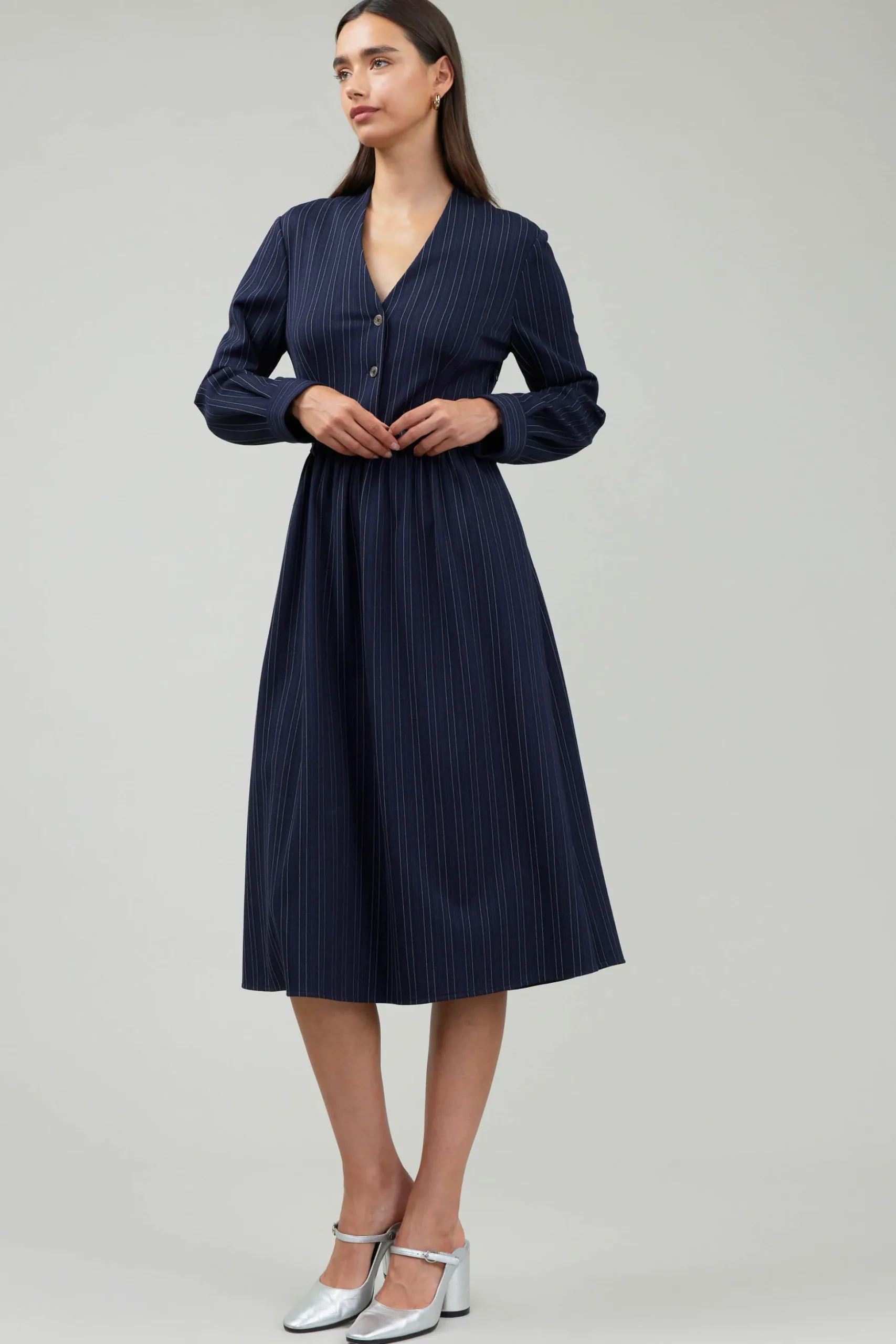 Pinstriped Buttondown Midi Dress