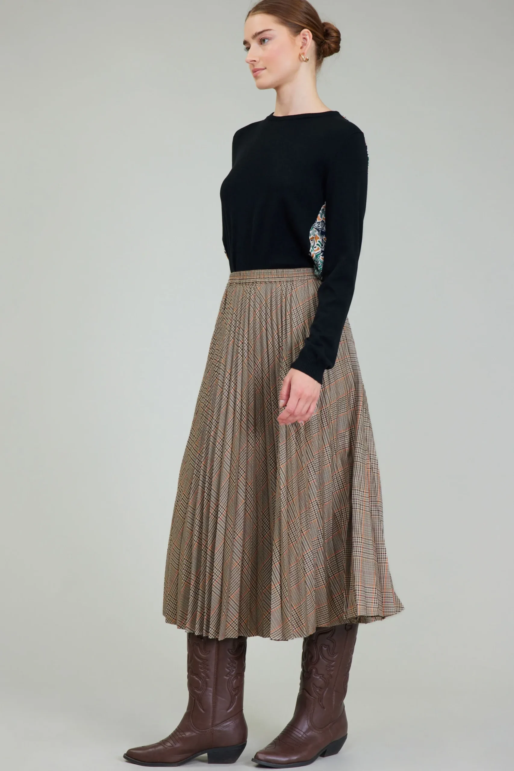Plaid Pleated Midi Skirt
