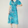 Pleated Botanical Midi Dress