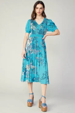 Pleated Botanical Midi Dress