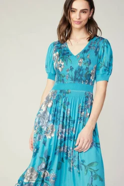 Pleated Botanical Midi Dress