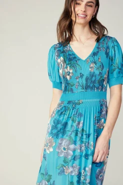 Pleated Botanical Midi Dress