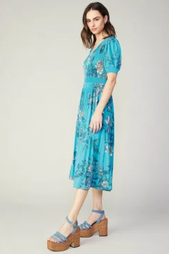 Pleated Botanical Midi Dress