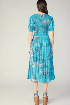 Pleated Botanical Midi Dress