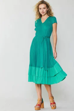 Pleated Colorblock Midi Dress