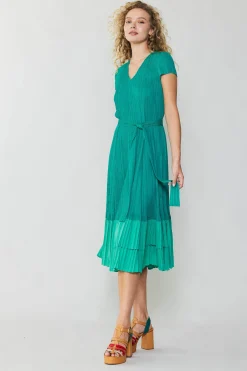 Pleated Colorblock Midi Dress