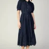Pleated Eyelet Midi Dress