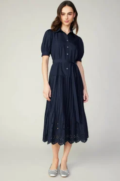 Pleated Eyelet Midi Dress