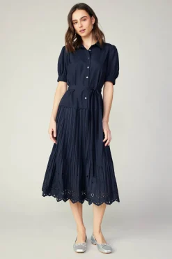 Pleated Eyelet Midi Dress