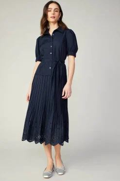 Pleated Eyelet Midi Dress