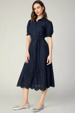Pleated Eyelet Midi Dress