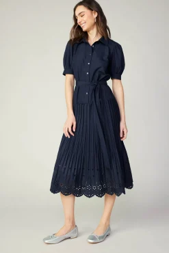 Pleated Eyelet Midi Dress