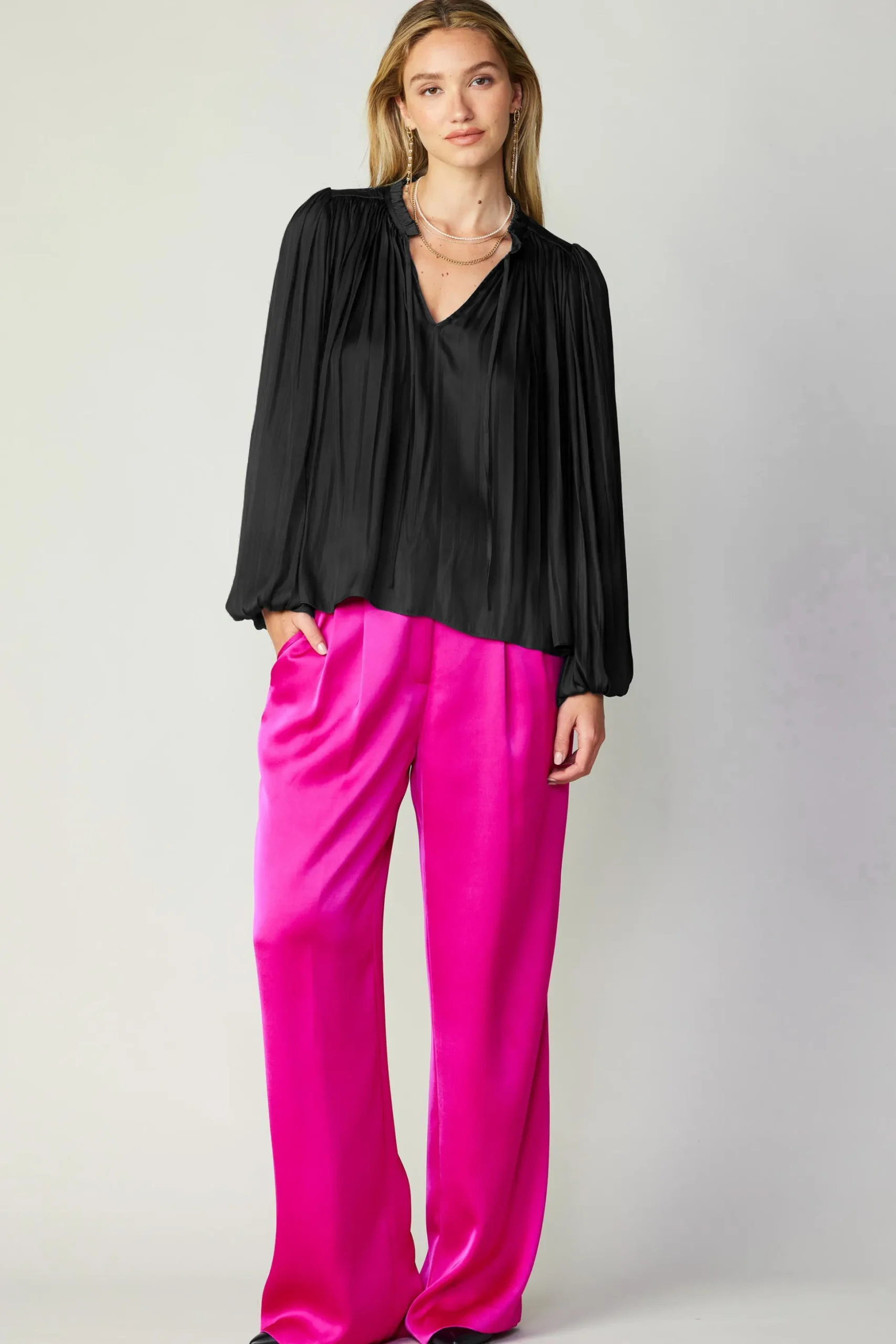 Pleated Puffed Sleeve Blouse