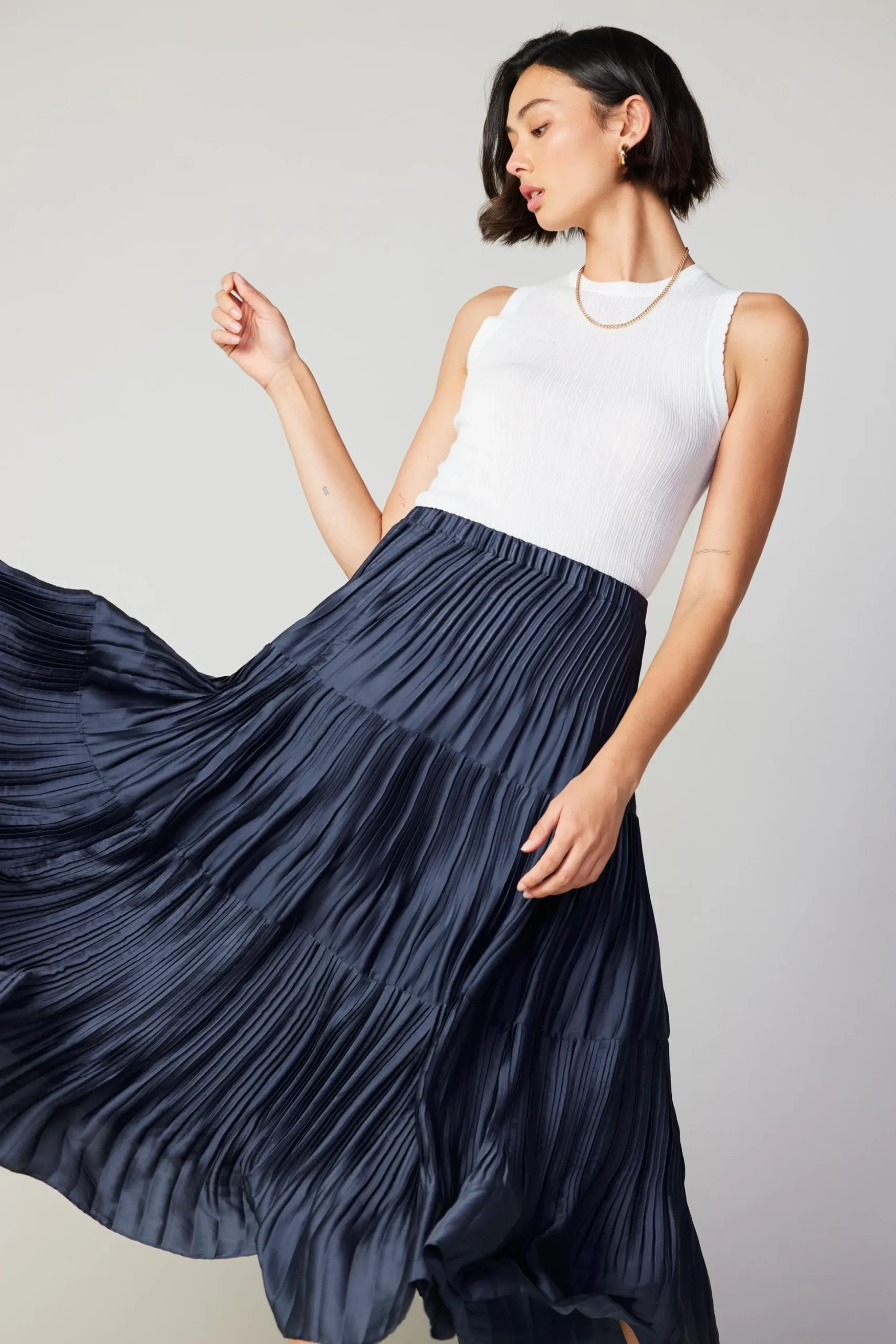 Pleated Tiered Midi Skirt