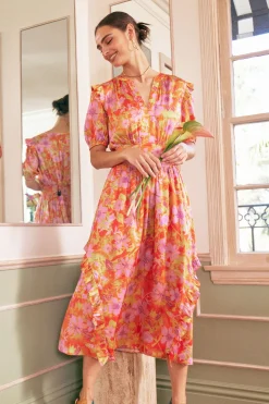 Ruffled Shoulder Floral Midi Dress