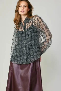 Windowpane Plaid Sheer Blouse