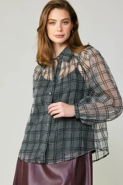 Windowpane Plaid Sheer Blouse